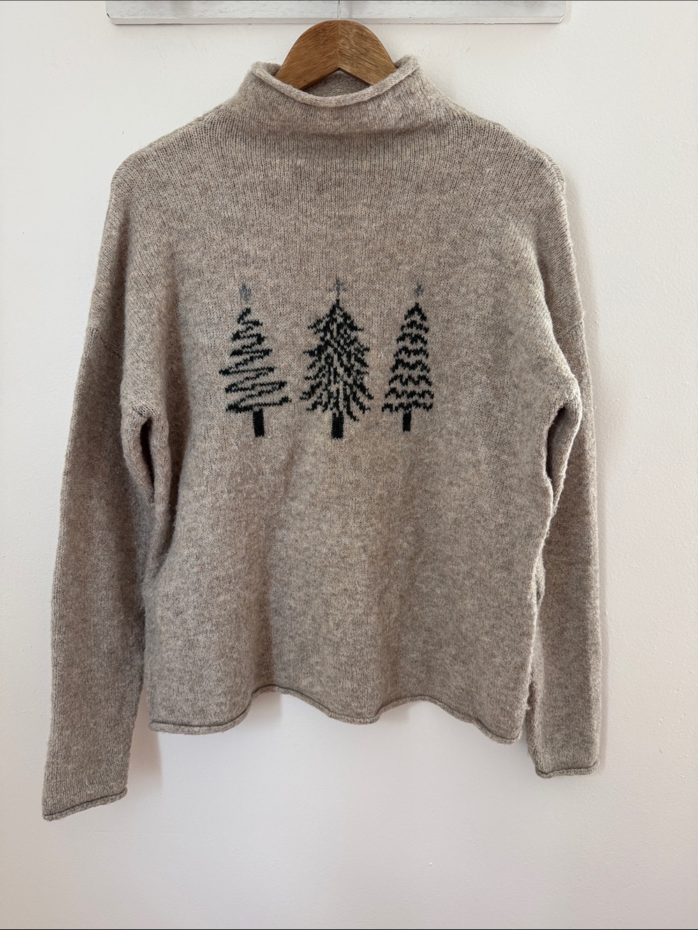 Cupcakes and Cashmere Evergreen Tree Mock Neck Sweater pine tree forest Beige M